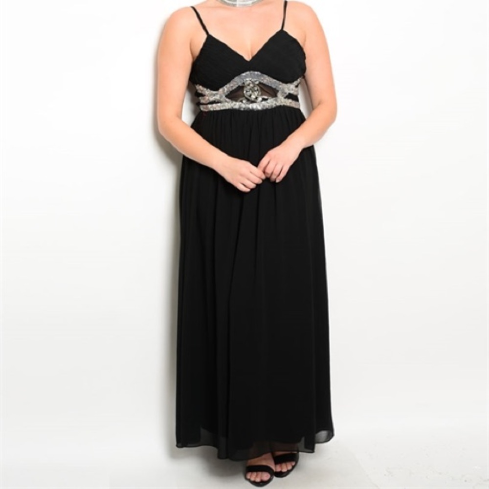 NWT BLACK. SEQUIN JEWELED MAXI DRESS JUNIOR PLUS